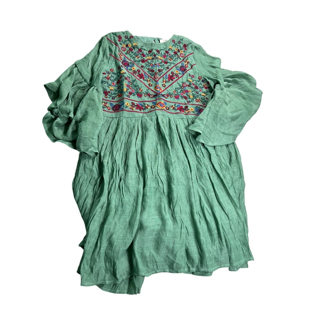 Umgee Womens Small Embroidered Floral Boho Dress Mint Green Balloon Sleeve